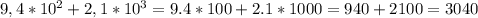 9,4*10^2+2,1*10^3=9.4*100+2.1*1000=940+2100=3040