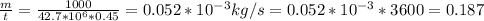 \frac{m}{t} = \frac{1000}{42.7*10 ^{6} *0.45} =0.052*10 ^{-3} kg/s=0.052*10 ^{-3} *3600=0.187