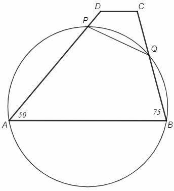 Втрапеции авсd угол ваd=50° и угол авс=75°. окружность, проходящяя через края основы ав, пересекает