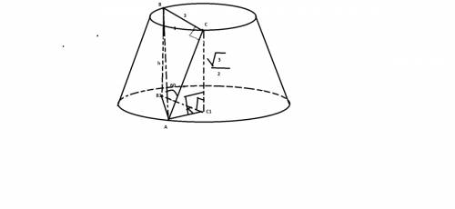 Высота усечённого конуса равна корень из 3 на 2.прямоугольный треугольник abc с катетом bc,равным 3,