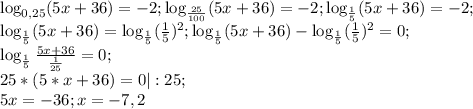 \log_{0,25}(5x+36)=-2; \log_{ \frac{25}{100} }(5x+36)=-2; \log_{ \frac{1}{5} }(5x+36)=-2; \\&#10;\log_{ \frac{1}{5} }(5x+36)=\log_{ \frac{1}{5}} (\frac{1}{5})^2; \log_{ \frac{1}{5} }(5x+36)-\log_{ \frac{1}{5}} (\frac{1}{5})^2=0; \\ &#10;\log_{ \frac{1}{5}}\frac{5x+36}{ \frac{1}{25}}=0; \\ 25*(5*x+36) = 0 |:25; \\ 5x=-36; x=-7,2