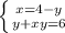 \left \{ {{x=4-y} \atop {y+xy=6}} \right.