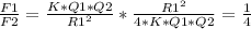 \frac{F1}{F2}= \frac{K*Q1*Q2}{R1^2}* \frac{R1^2}{4*K*Q1*Q2}= \frac{1}{4}