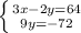 \left \{ {{3x-2y=64} \atop {9y=-72}} \right.