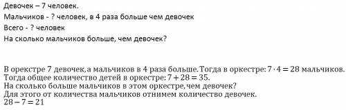 Как сделать ? в школьном оркестре 7 девочек,а мальчиков в 4 раза больше, чем девочек.сколько всего д