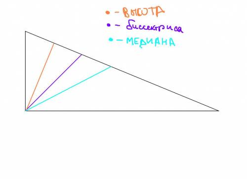 Начертите прямоугольный треугольник проведите биссектрису медиану высату к гипотенузе