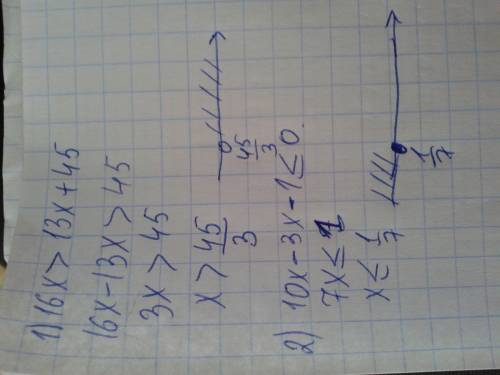 Помните решить : ) 1)16x> 13x+45 2)10x-3x-1_< 0