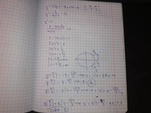 Найти наименьшее значение функции: y=8tgx-16x+4п-7 на отрезке [-п/3; п/3]​