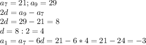 a_7=21;a_9=29\\2d=a_9-a_7\\2d=29-21=8\\d=8:2=4\\a_1=a_7-6d=21-6*4=21-24=-3