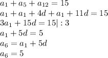 a_1+a_5+a_{12}=15\\a_1+a_1+4d+a_1+11d=15\\3a_1+15d=15|:3\\a_1+5d=5\\a_6=a_1+5d\\a_6=5