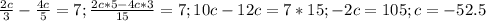 \frac{2c}{3}- \frac{4c}{5}=7; &#10; \frac{2c*5-4c*3}{15}=7;&#10;10c-12c=7*15;&#10;-2c=105;&#10;c=-52.5