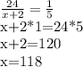 \frac{24}{x+2} = \frac{1}{5}&#10;&#10;x+2*1=24*5&#10;&#10;x+2=120&#10;&#10;x=118&#10;