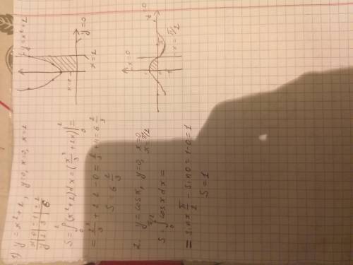 Экзаменвычислить площадь фигуры, ограниченной линиями: 1) у=х^2+2; у=0; х=0; х=22) y=cosx; y=0; x=0;