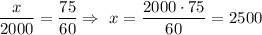 \displaystyle \frac{x}{2000} = \frac{75}{60} \Rightarrow ~ x = \frac{2000\cdot 75}{60} = 2500