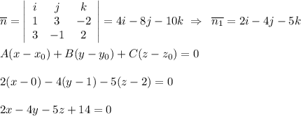 \overline {n}= \left|\begin{array}{ccc}i&j&k\\1&3&-2\\3&-1&2\end{array}\right| =4i-8j-10k\; \Rightarrow \; \; \overline{n_1}=2i-4j-5k\\\\A(x-x_0)+B(y-y_0)+C(z-z_0)=0\\\\2(x-0)-4(y-1)-5(z-2)=0\\\\2x-4y-5z+14=0