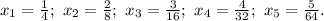 x_1=\frac{1}{4} ;\ x_2=\frac{2}{8} ;\ x_3=\frac{3}{16} ;\ x_4=\frac{4}{32} ;\ x_5=\frac{5}{64} .