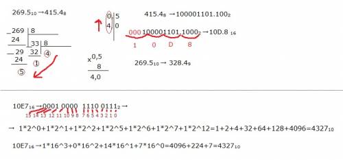 1)переведите число 269,5 по схемам 10-> 8-> 2-> 16, 10-> 9. 2)переведите число 10e7 по с