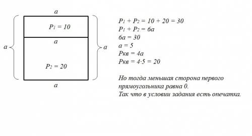 Квадрат разбит на 2 прямоугольника,периметры которых указаны на чертеже. найти периметр квадрата. р=
