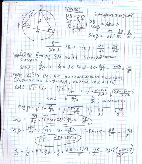 Втреугольнике pst ps=20 ,st=48, r=25. найдите s треугольника решение