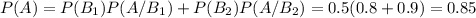 P(A)=P(B_1)P(A/B_1)+P(B_2)P(A/B_2)=0.5(0.8+0.9)=0.85