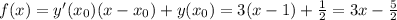 f(x)=y'(x_0)(x-x_0)+y(x_0)=3(x-1)+\frac{1}{2}=3x-\frac{5}{2}