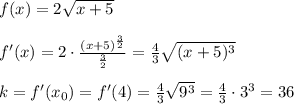 f(x)=2\sqrt{x+5}\\\\f'(x)=2\cdot \frac{(x+5)^{\frac{3}{2}}}{\frac{3}{2}}= \frac{4}{3}\sqrt{(x+5)^3}\\\\k=f'(x_0)=f'(4)=\frac{4}{3}\sqrt{9^3}=\frac{4}{3}\cdot 3^3=36