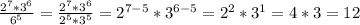 \frac{2^7*3^6}{6^5}= \frac{2^7*3^6}{2^5*3^5}=2^{7-5}*3^{6-5}=2^2*3^1=4*3=12