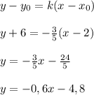 y-y_0=k(x-x_0)\\\\y+6=-\frac{3}{5}(x-2)\\\\y=-\frac{3}{5}x-\frac{24}{5}\\\\y=-0,6x-4,8