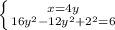 \left \{ {{x=4y} \atop {16 y^{2}-12 y^{2}+2 ^{2}=6 }} \right.