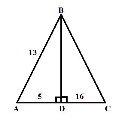 Втреугольнике abc сторона ab равна 13 см, высота вd делит основание ас на отрезки аd равно 5 см, сd