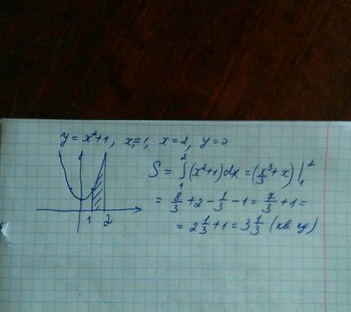 Запишите в виде определенного интеграла площадь фигуры ограниченной линиями y=x^2+1 x=1 x=2 y=0​