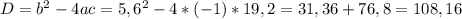 D=b^{2} -4ac=5,6 ^{2} -4*(-1)*19,2=31,36+76,8=108,16