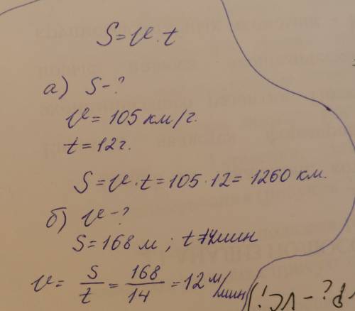 Найдите по формуле s=vt: а) путь s, еслиv=105 км/ч и t=12ч б) скорость v, если s=168 м и t=14 мин