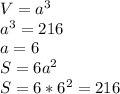 V=a^{3} \\ a^{3}=216 \\ a=6 \\ S=6 a^{2} \\ S=6* 6^{2}=216