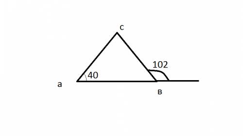 Втреугольнике авс угол а равен 40градусов,внешний угол при вершине в равен 102 градуса.найдите угол