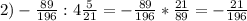 2)- \frac{89}{196} :4 \frac{5}{21} = - \frac{89}{196} * \frac{21}{89} =- \frac{21}{196}