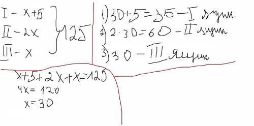 Трех ящиках лежит 125 кг яблок в первом ящике в 2 раза меньше яблок чем во втором на 5 кг больше чем