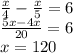 \frac x4-\frac x5=6\\\frac{5x-4x}{20}=6\\x=120