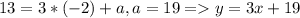 13 = 3 * (- 2) + a,a = 19 =y = 3x +19