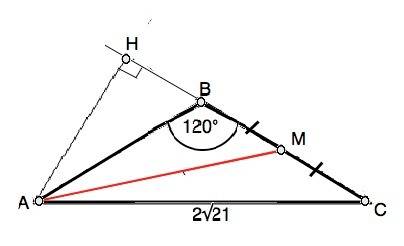 Вравнобедренном треугольнике авс угол при вершине в равен 120. ас=2 корня из 21. найти длину медианы