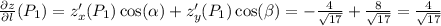 \frac{\partial z}{\partial l}(P_1)=z'_x(P_1)\cos(\alpha)+z'_y(P_ 1)\cos(\beta)=-\frac{4}{\sqrt{17} } +\frac{8}{\sqrt{17} }=\frac{4}{\sqrt{17} }