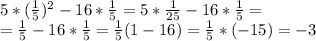 5*( \frac{1}{5} )^2-16* \frac{1}{5}=5* \frac{1}{25}-16* \frac{1}{5}= \\ =\frac{1}{5}-16* \frac{1}{5}= \frac{1}{5}(1-16)= \frac{1}{5}*(-15)=-3