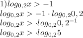 1)log_{0,2}x-1 \\ log_{0,2}x-1\cdot log_{0,2}0,2 \\ log_{0,2}x\cdot log_{0,2}0,2^{-1} \\ log_{0,2}x\cdot log_{0,2}5