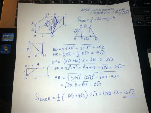 Abcda1b1c1d1 - прямоугольный параллелепипед, ab=ad=8 дм, aa1=2дм. найдите площадь сечения bmkd, где