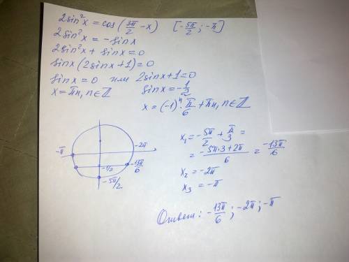 Решите уравнение 2sin^2x=cos((3pi/2)-x) найдите все корни этого уравнения, принадлежащие отрезку [-5