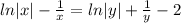 ln |x| - \frac{1}{x}=ln|y|+ \frac{1}{y}-2