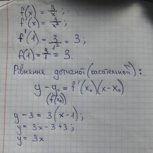 Напишите уравнение касательной к графику функции f(x)=3/x в точке с абсциссой x0=1.