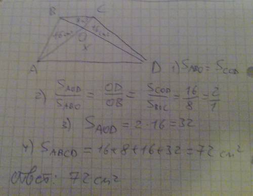 Диагонали трапеции abcd пересекаются в точке o.площади треугольников abo и boc равны соответственно