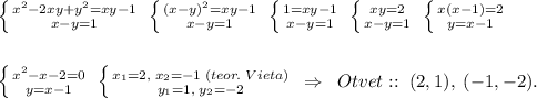 \left \{ {{x^2-2xy+y^2=xy-1} \atop {x-y=1}} \right. \; \left \{ {{(x-y)^2=xy-1} \atop {x-y=1}} \right. \; \left \{ {{1=xy-1} \atop {x-y=1}} \right. \; \left \{ {{xy=2} \atop {x-y=1}} \right. \; \left \{ {{x(x-1)=2} \atop {y=x-1}} \right. \\\\\\ \left \{ {{x^2-x-2=0} \atop {y=x-1}} \right. \; \left \{ {{x_1=2,\; x_2=-1\; (teor.\; Vieta)} \atop {y_1=1,\; y_2=-2}} \right. \; \Rightarrow \; \; Otvet::\; (2,1),\; (-1,-2).