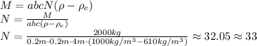 M=abcN(\rho -\rho_e)&#10;\\\&#10;N=\frac{M}{abc(\rho -\rho_e)}&#10;\\\&#10;N=\frac{2000kg}{0.2m\cdot0.2m\cdot4m\cdot(1000kg/m^3-610kg/m^3)}\approx32.05\approx33